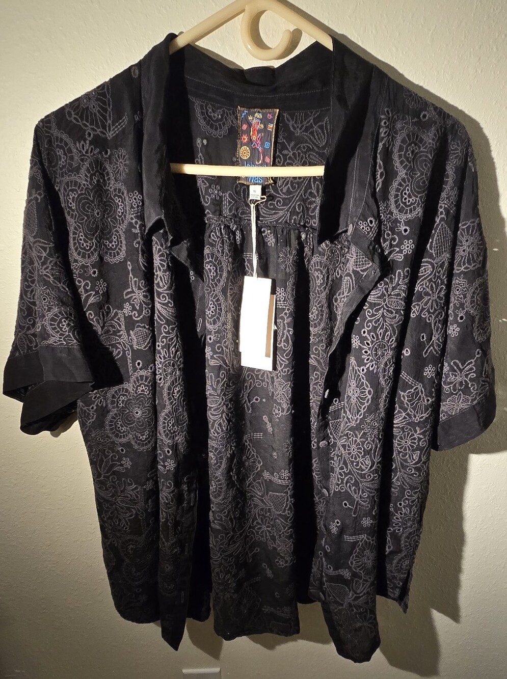 NWT Johnny Was Audrey Short Sleeve Shirt - Black Embroidered Eyelet Top Size 1X